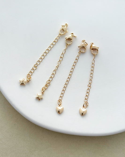 14K Gold Filled Heart & Star Charm Extender Chains with Lobster Clasps