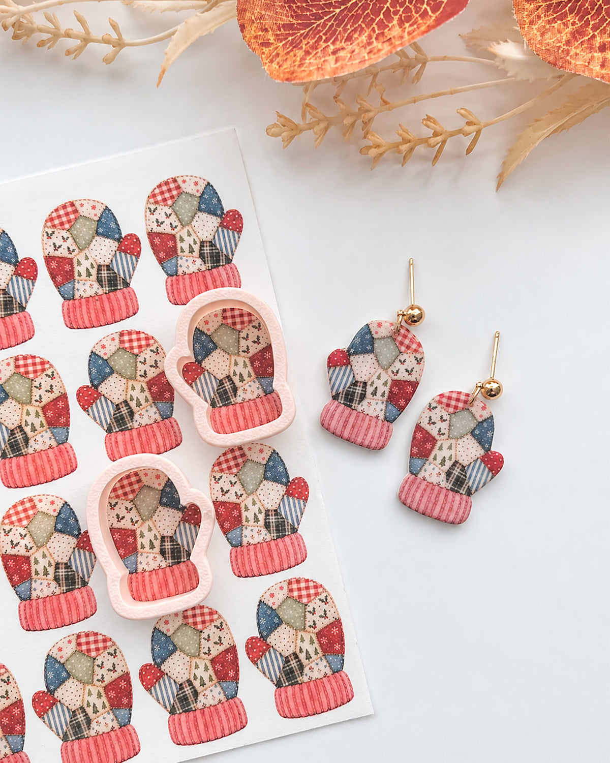 Patchwork Christmas Mitten Polymer Clay Transfer Paper & Matching Cutters