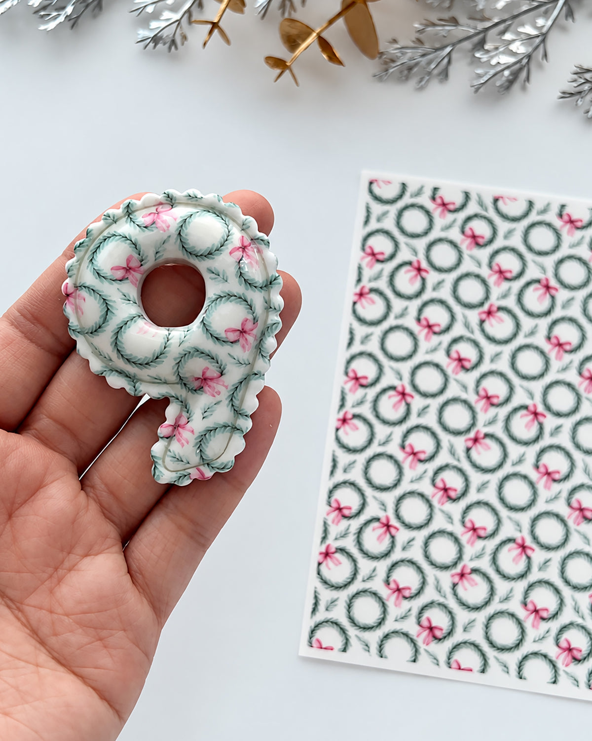 Christmas Pink Bow Wreaths Polymer Clay Transfer Paper