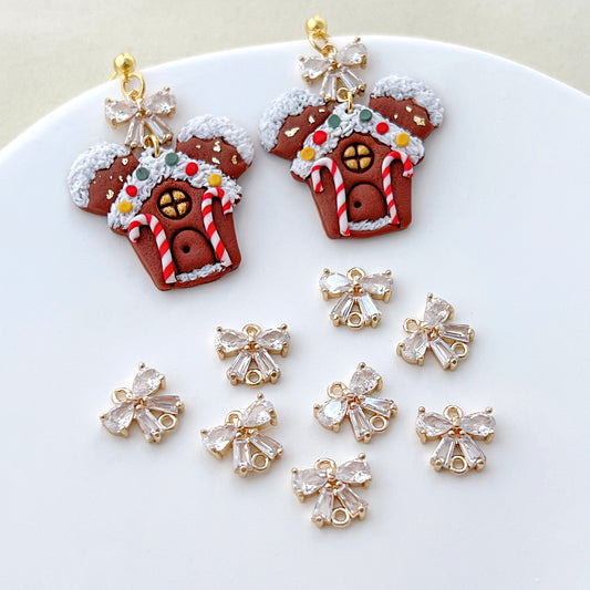 10PCS 14K Gold Plated Clear Zircon Double Hole Bowknot Bow Earring Charms