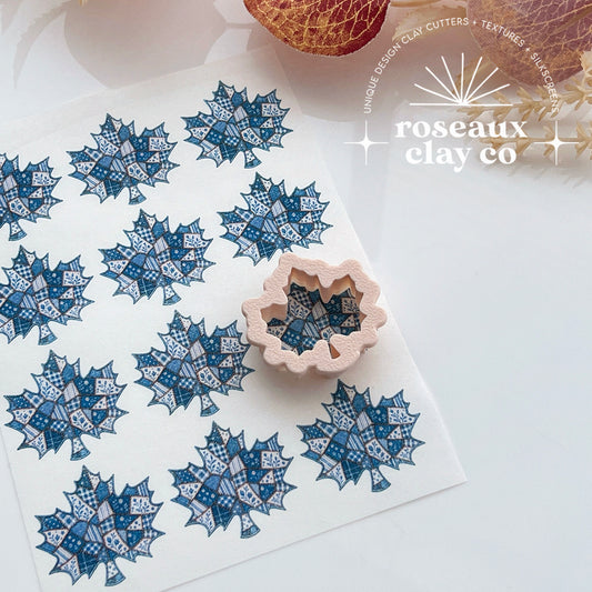 Patchwork Denim Maple Leaf Polymer Clay Transfer Paper & Matching Cutter