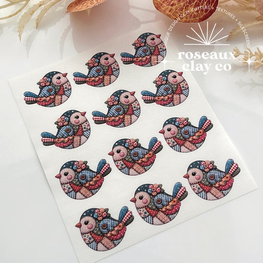 Patchwork Bird Polymer Clay Transfer Paper & Matching Cutter