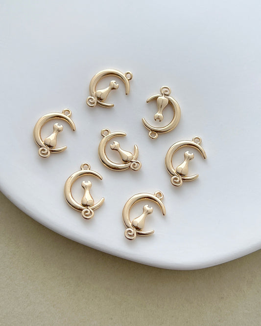 14K Gold Filled Cat & Crescent Moon Charms