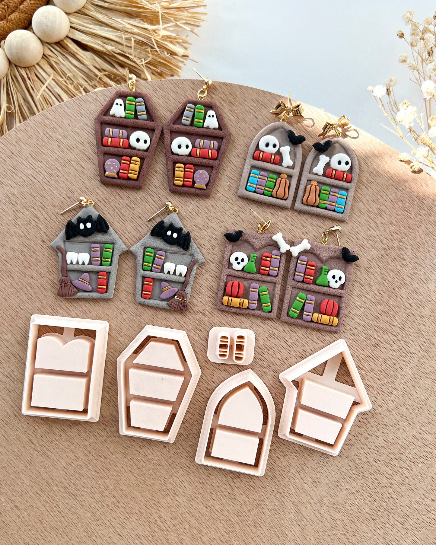 2024 Halloween Bookshelf Polymer Clay Cutters | Halloween Clay Earring Cutters for Jewelry Making