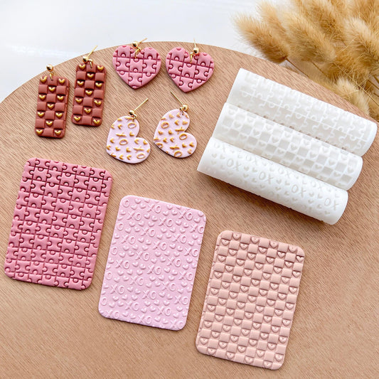 Valentines Clay Texture Roller | Polymer Clay Texture Roller for Earrings | Polymer Clay Tools | Puzzle | Heart Grid | XOXO