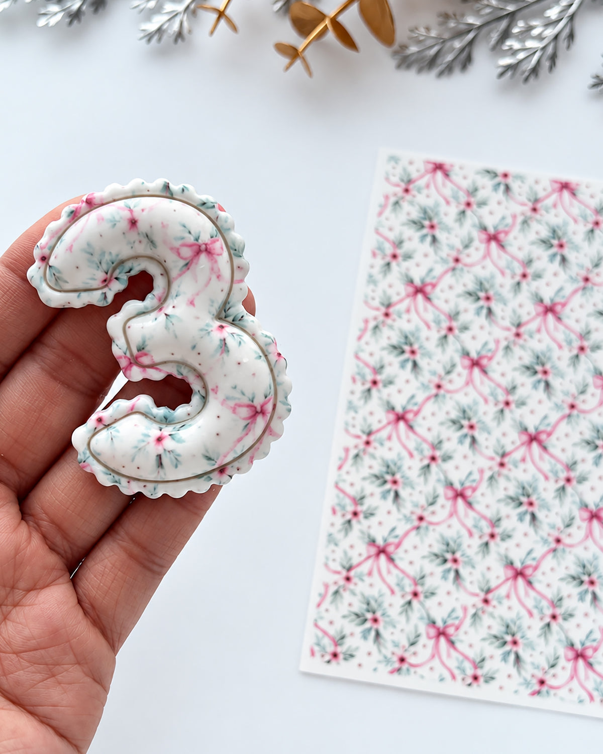 Pink Bow Floral Swag Polymer Clay Transfer Paper