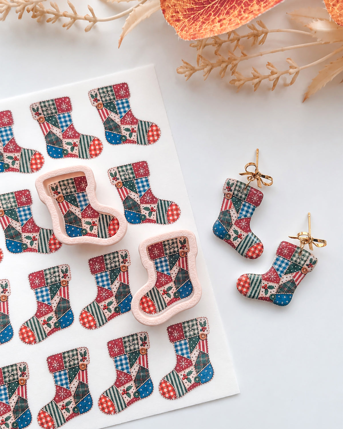 Patchwork Christmas Stocking Polymer Clay Transfer Paper & Matching Cutters