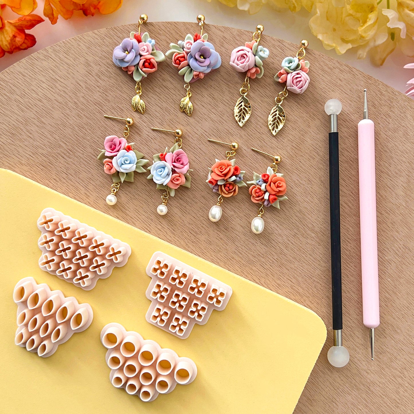 Mini Flower Polymer Clay Cutters | Polymer Clay Petal Foam Pad | Dotting Pen Tool | Clay Ball Tool | Polymer Clay Tools | Jewelry Making