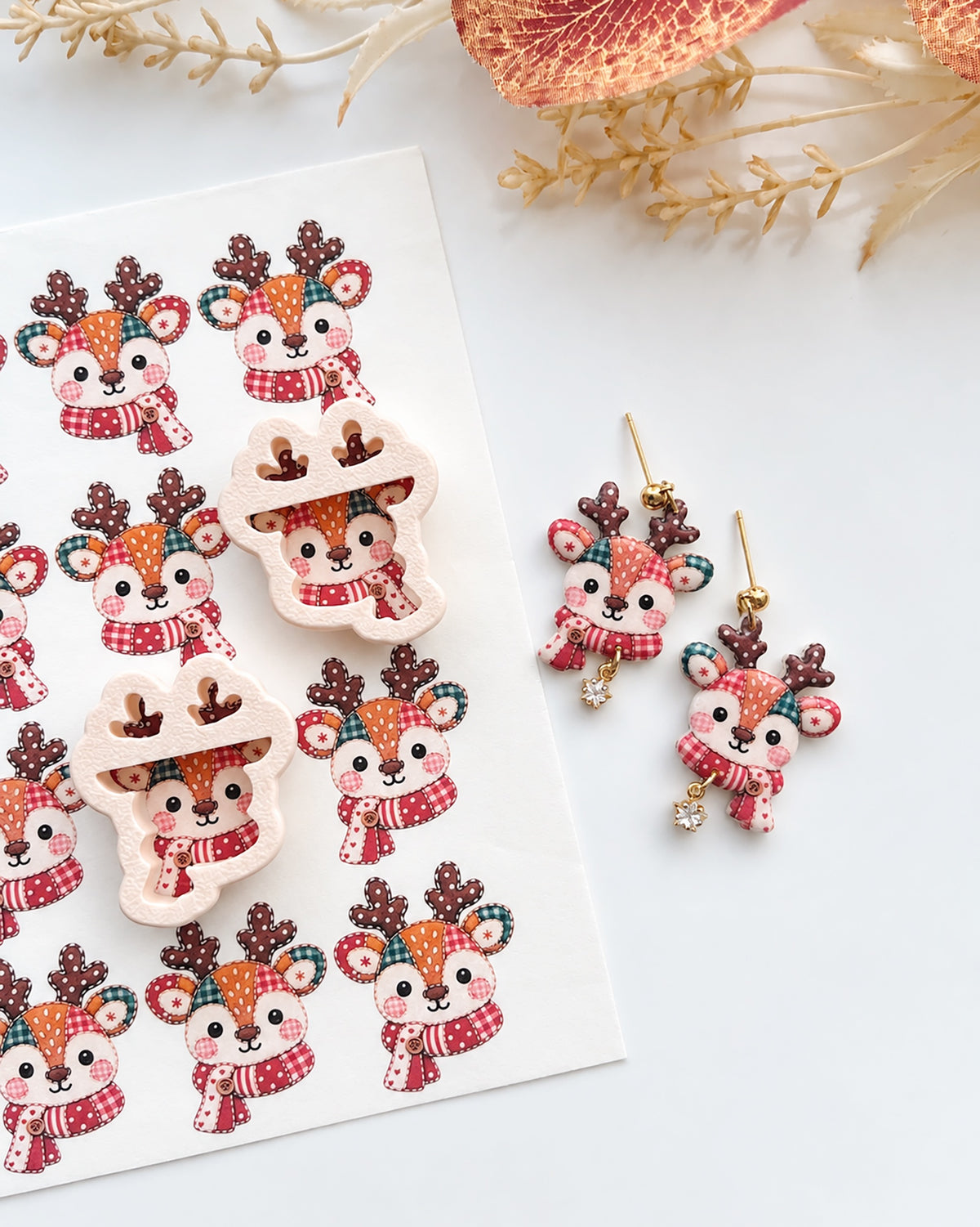 Patchwork Reindeer Polymer Clay Transfer Paper & Matching Cutters