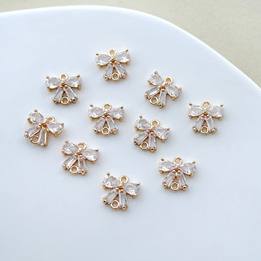 14K Gold Plated Clear Zircon Double Hole Bow Earring Charms