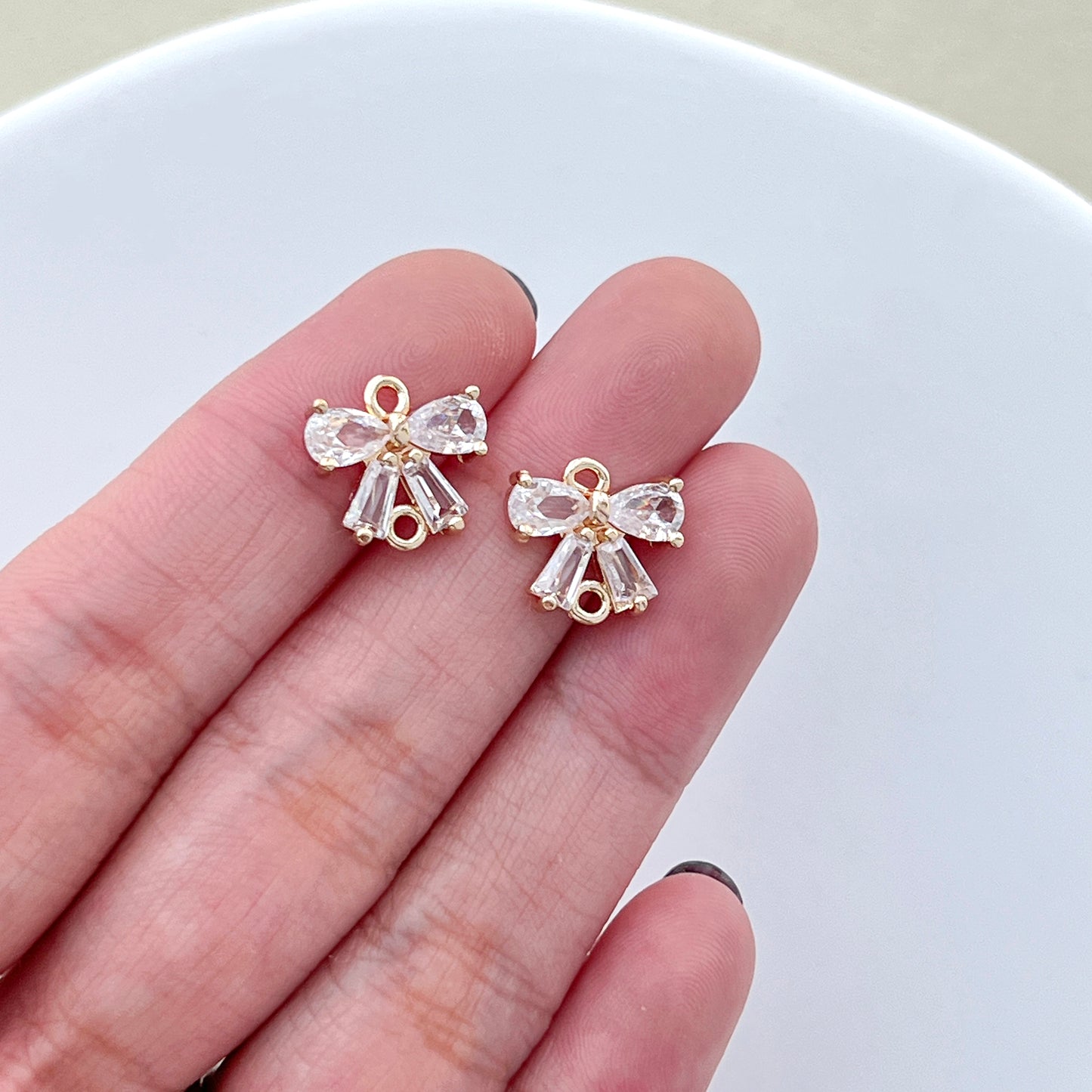 10PCS 14K Gold Plated Clear Zircon Double Hole Bowknot Bow Earring Charms