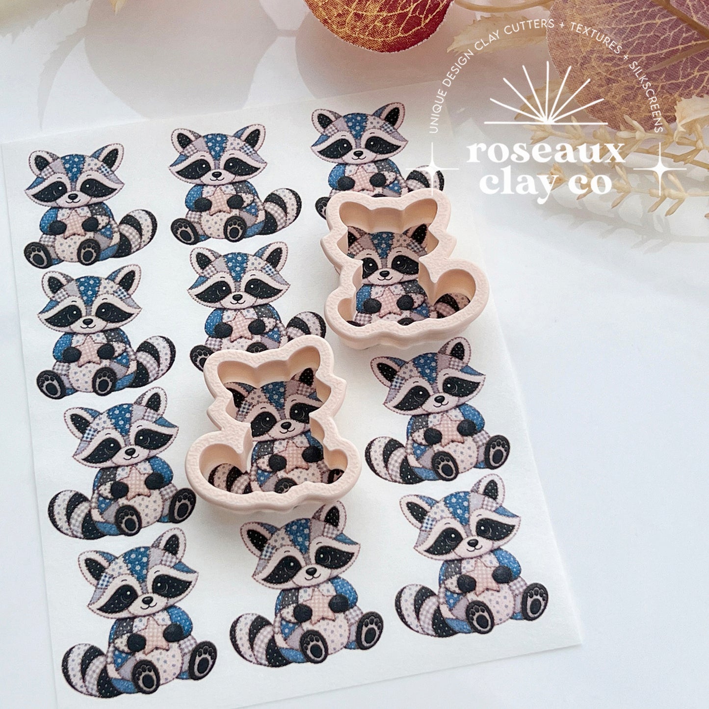 Patchwork Raccoon Polymer Clay Transfer Paper & Matching Cutter