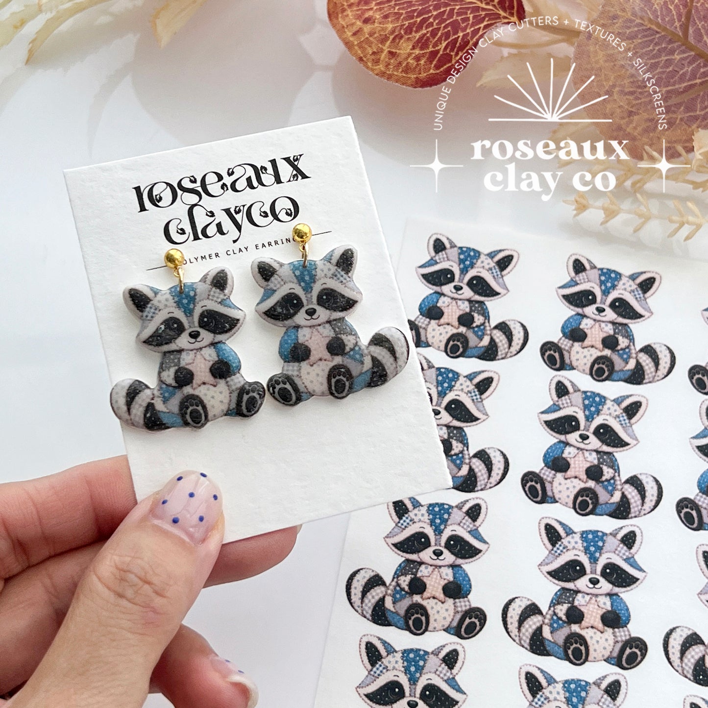 Patchwork Raccoon Polymer Clay Transfer Paper & Matching Cutter