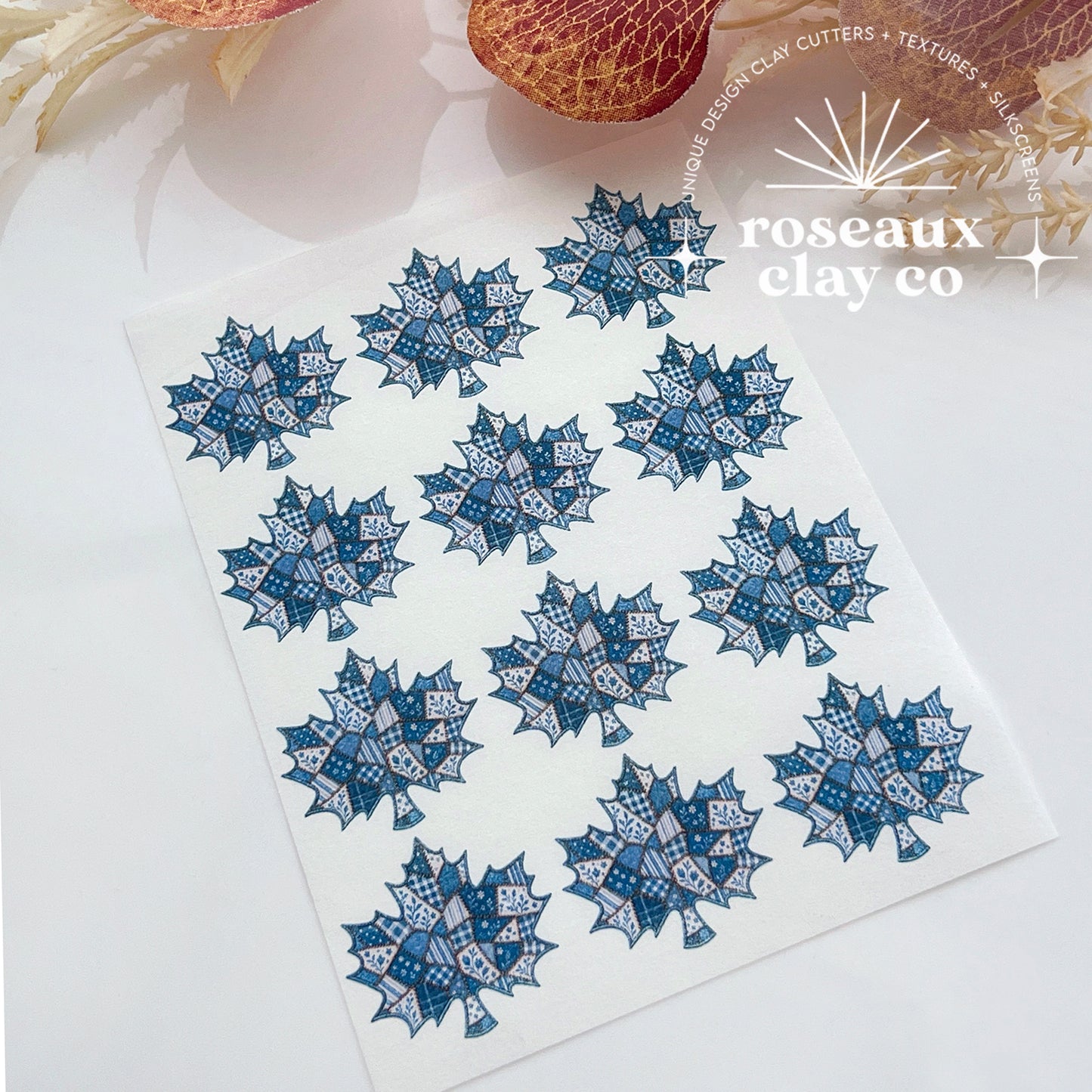 Patchwork Denim Maple Leaf Polymer Clay Transfer Paper & Matching Cutter