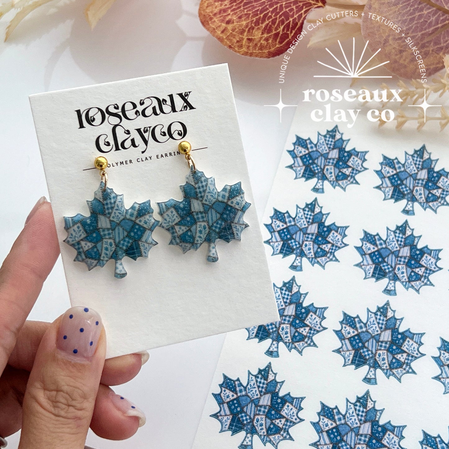 Patchwork Denim Maple Leaf Polymer Clay Transfer Paper & Matching Cutter