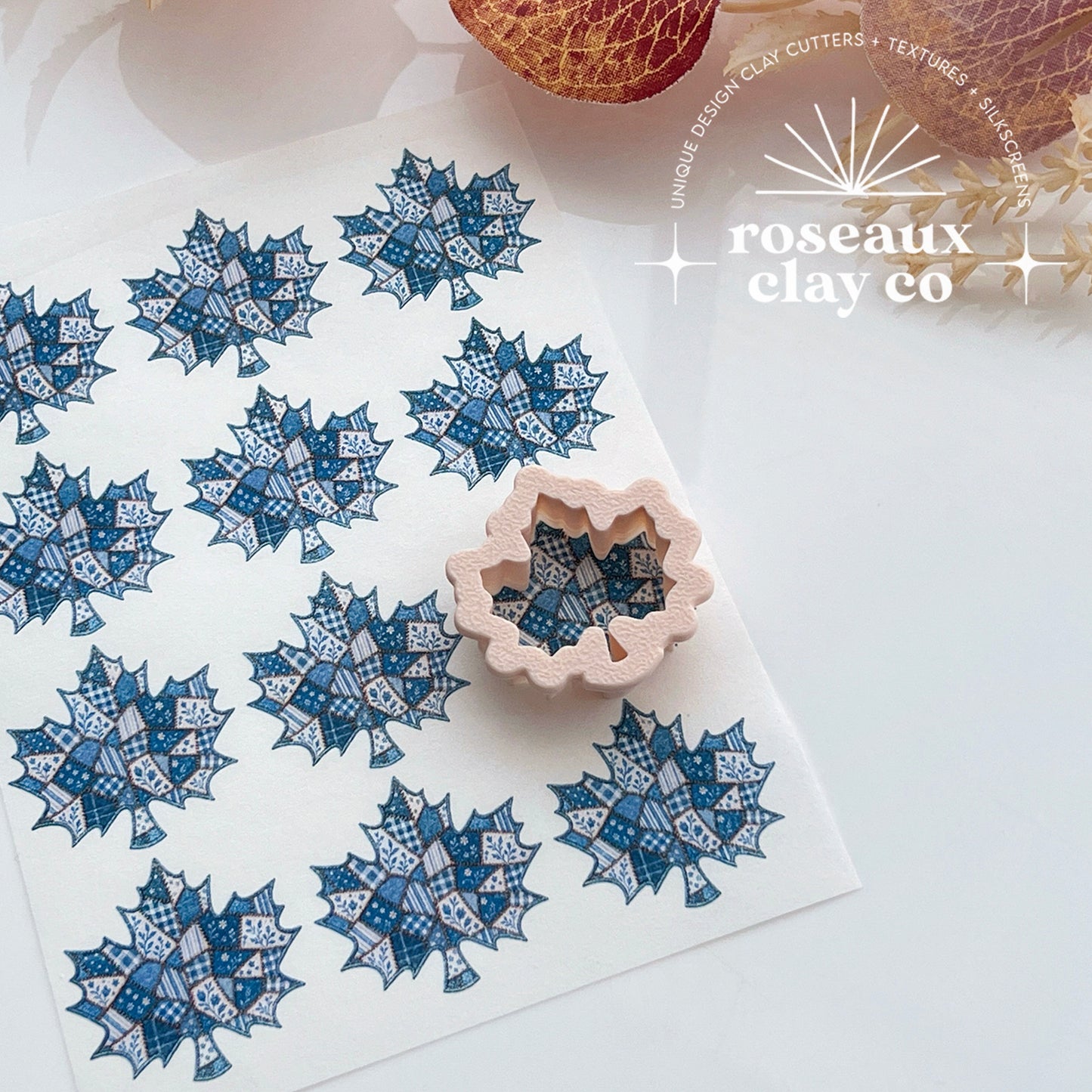 Patchwork Denim Maple Leaf Polymer Clay Transfer Paper & Matching Cutter
