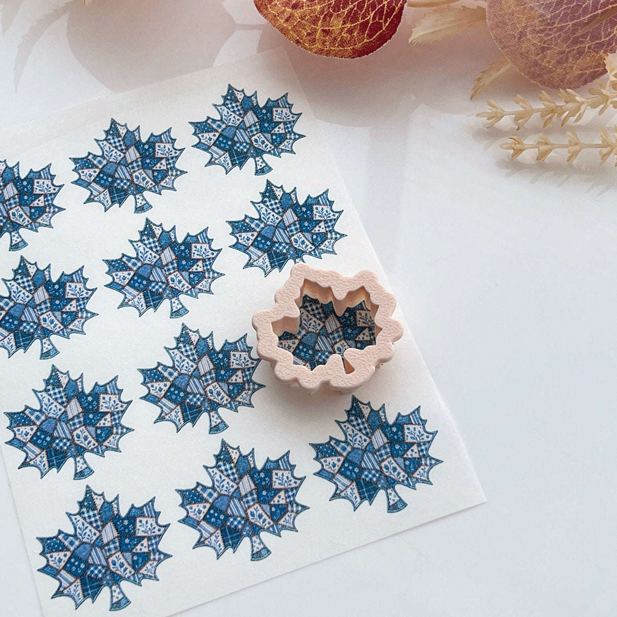 Patchwork Denim Maple Leaf Polymer Clay Transfer Paper & Matching Cutter