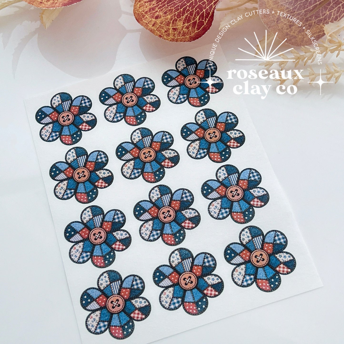 Patchwork Denim Button Flower Polymer Clay Transfer Paper & Matching Cutter