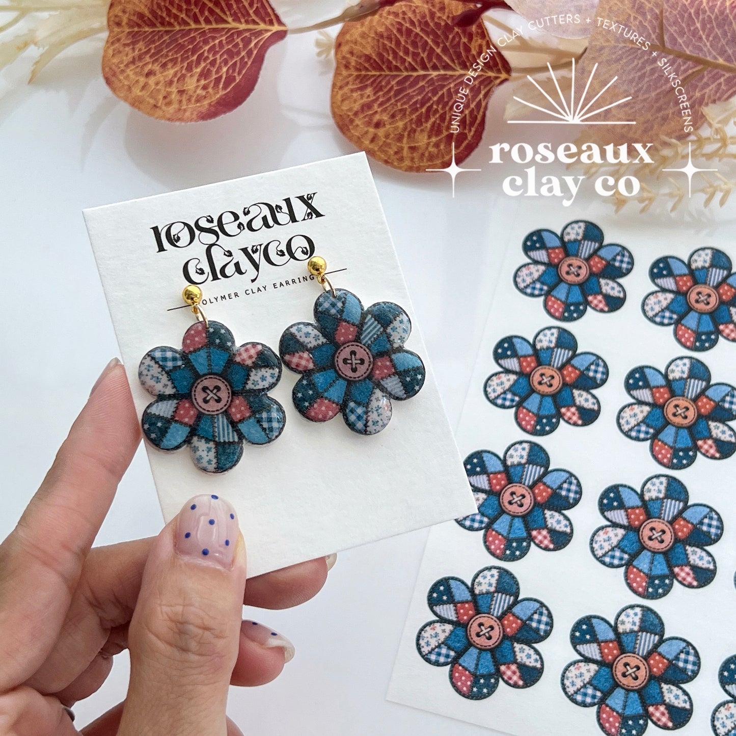 Patchwork Denim Button Flower Polymer Clay Transfer Paper & Matching Cutter