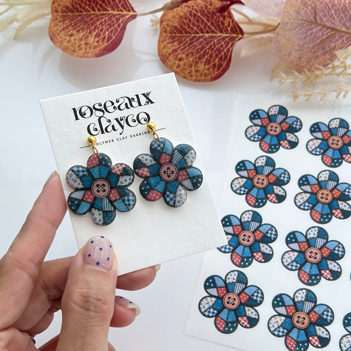 Patchwork Denim Button Flower Polymer Clay Transfer Paper & Matching Cutter