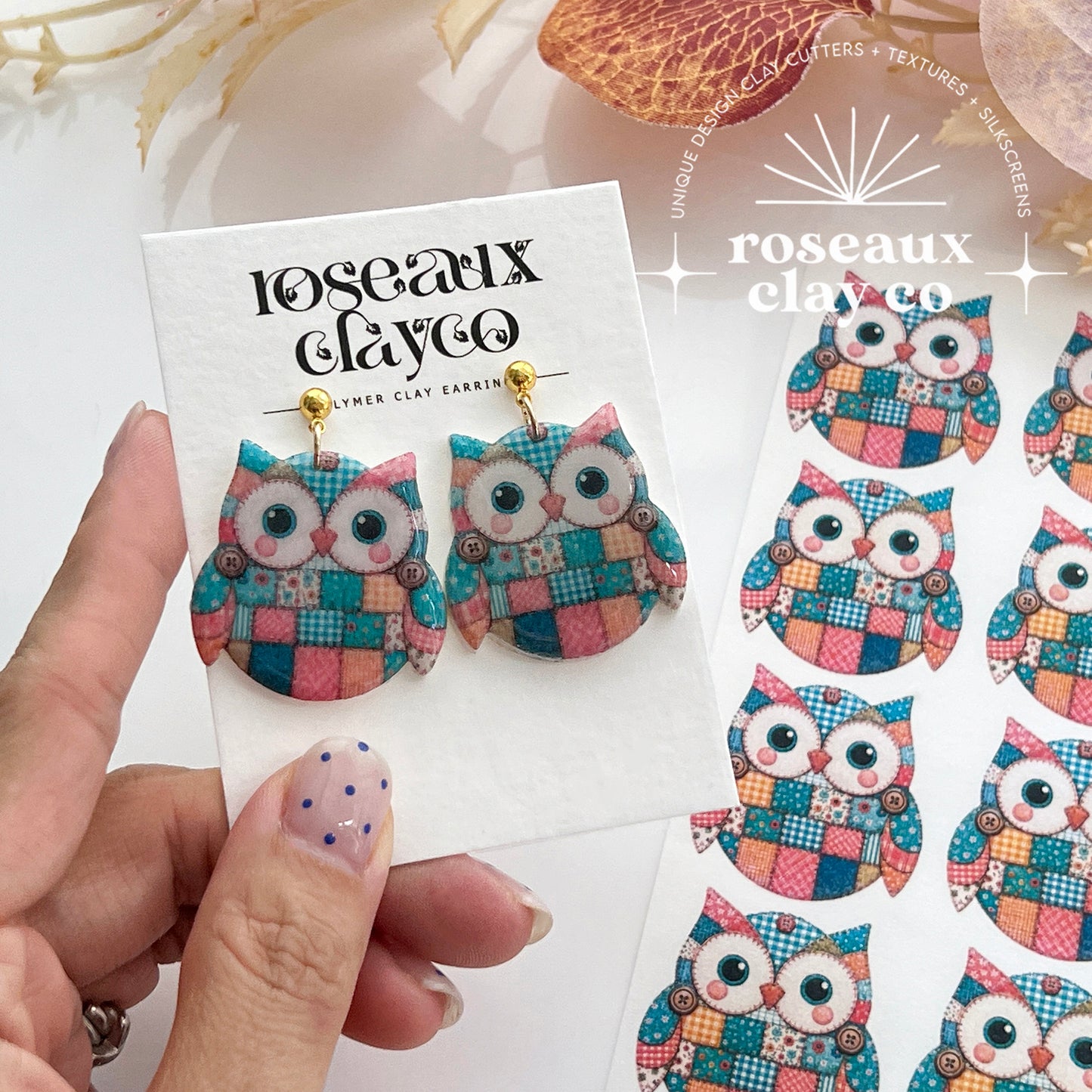 Patchwork Owl Polymer Clay Transfer Paper & Matching Cutter