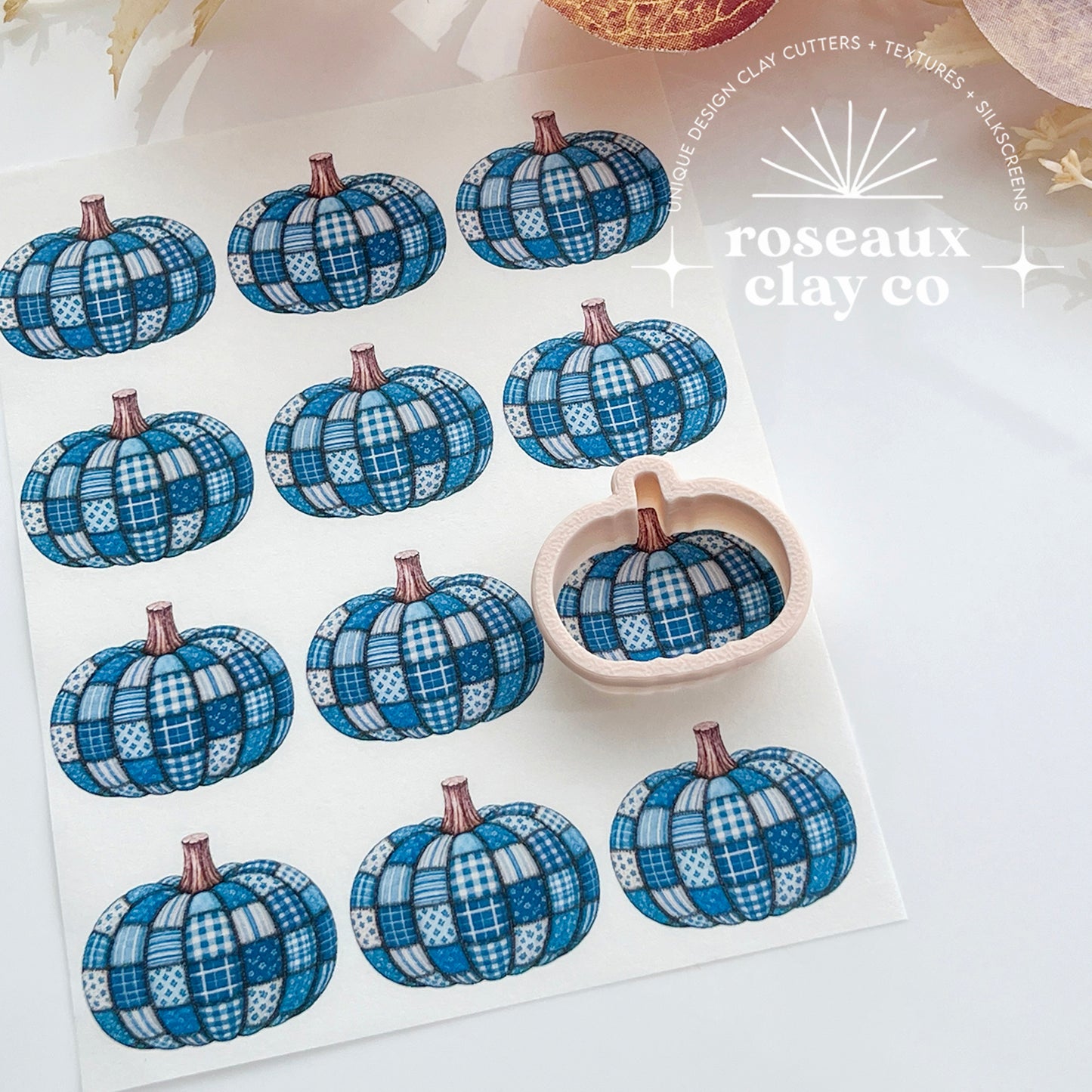 Patchwork Denim Pumpkin Polymer Clay Transfer Paper & Matching Cutter