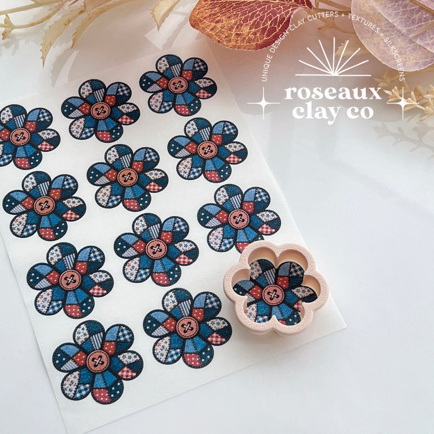 Patchwork Denim Button Flower Polymer Clay Transfer Paper & Matching Cutter