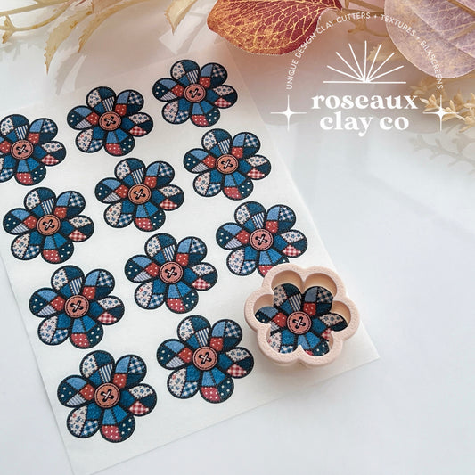 Patchwork Denim Button Flower Polymer Clay Transfer Paper & Matching Cutter