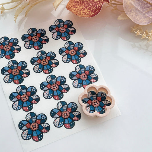 Patchwork Denim Button Flower Polymer Clay Transfer Paper & Matching Cutter