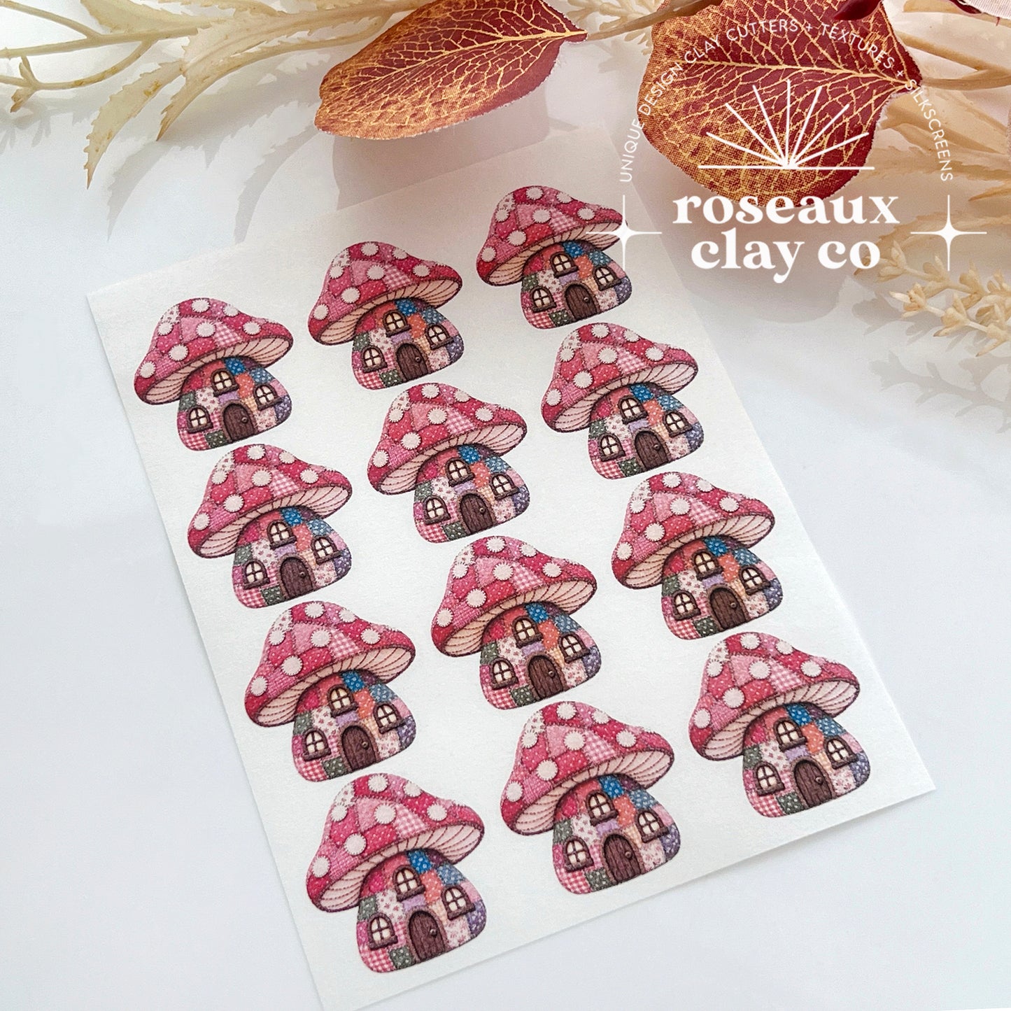 Patchwork Mushroom House Polymer Clay Transfer Paper & Matching Cutter