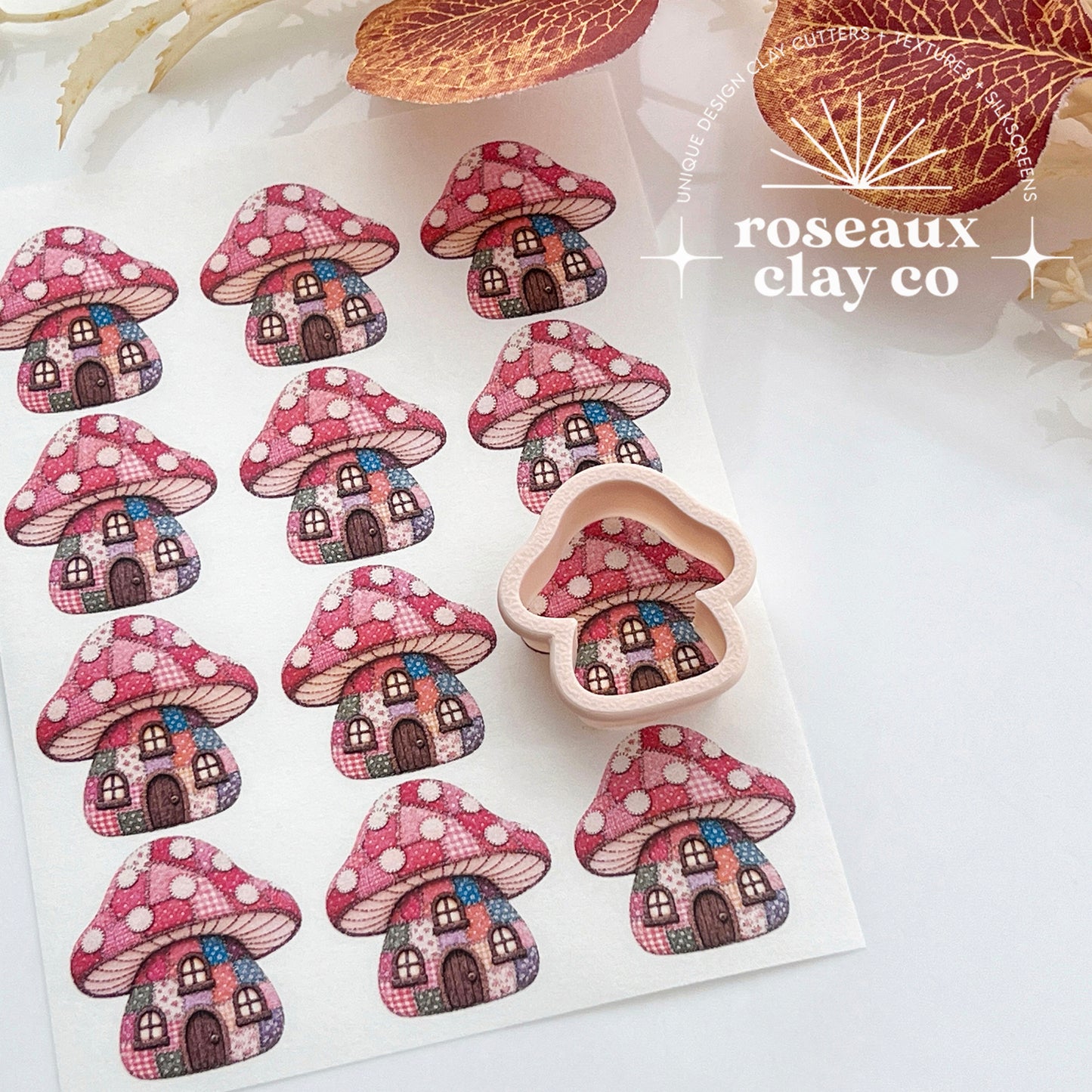 Patchwork Mushroom House Polymer Clay Transfer Paper & Matching Cutter