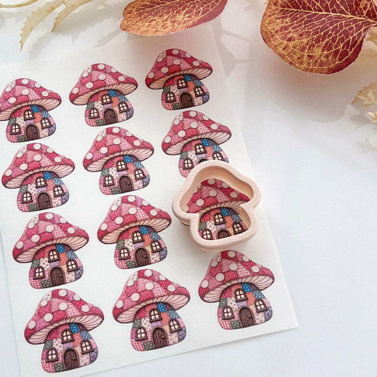 Patchwork Mushroom House Polymer Clay Transfer Paper & Matching Cutter