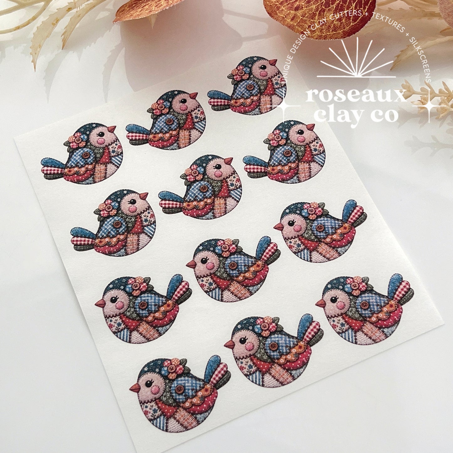 Patchwork Bird Polymer Clay Transfer Paper & Matching Cutter