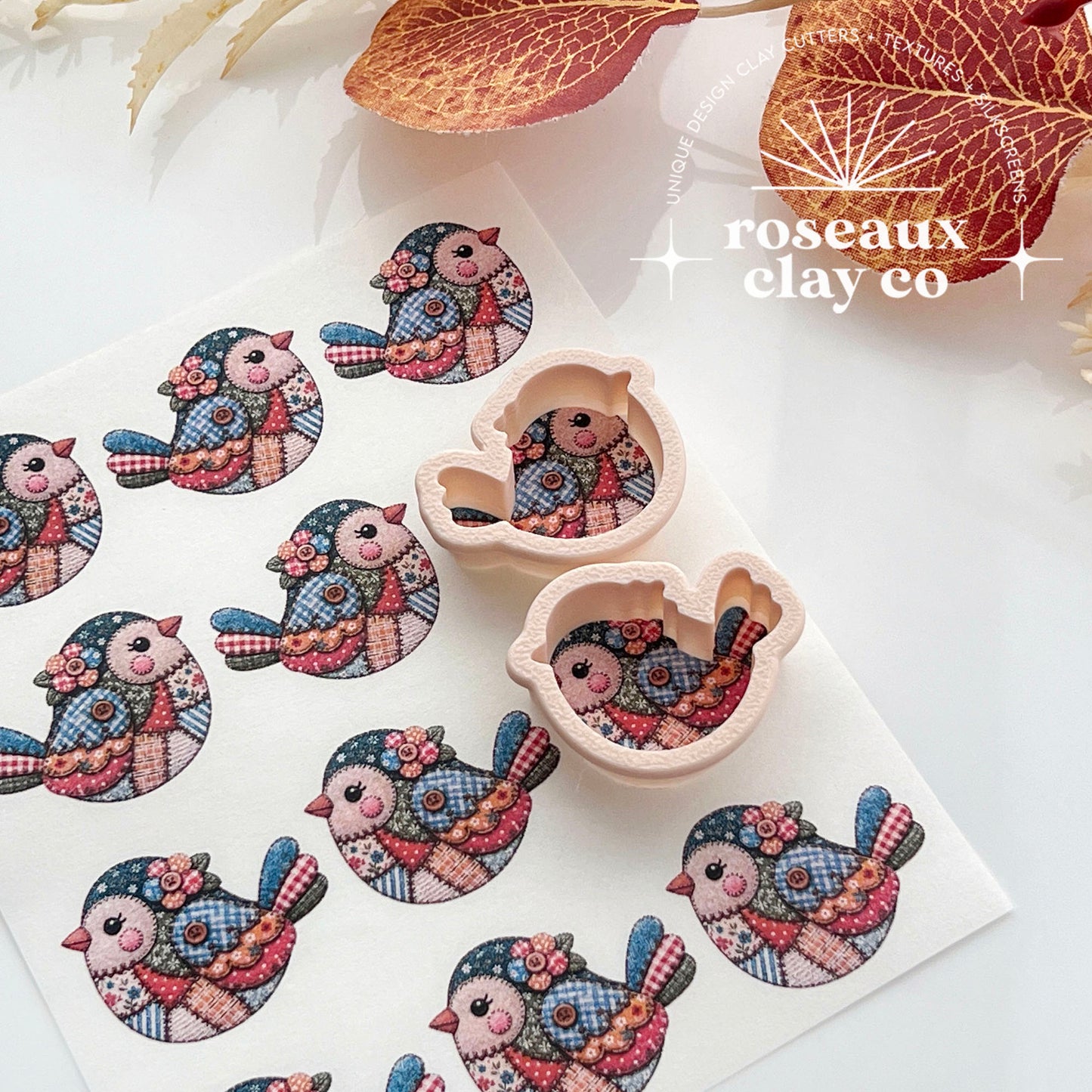 Patchwork Bird Polymer Clay Transfer Paper & Matching Cutter