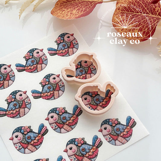 Patchwork Bird Polymer Clay Transfer Paper & Matching Cutter