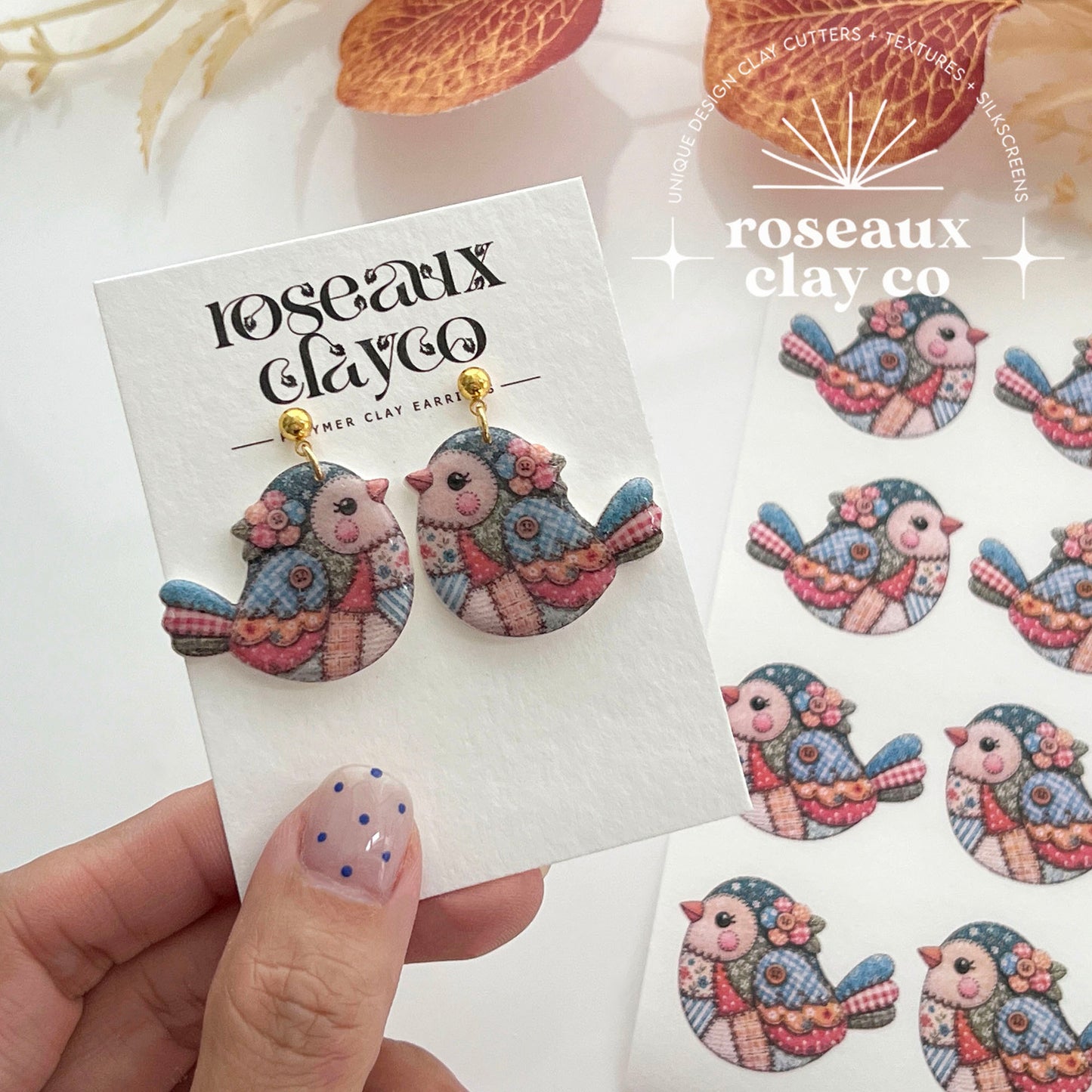 Patchwork Bird Polymer Clay Transfer Paper & Matching Cutter