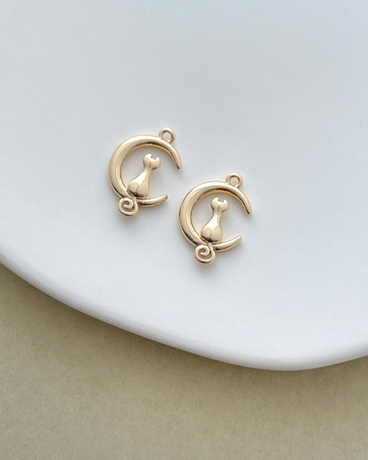 14K Gold Filled Cat & Crescent Moon Charms