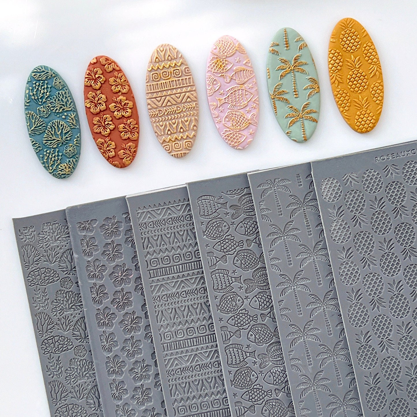 Summer Polymer Clay Earrings Texture Sheet | Polymer Clay Texture Mat for Jewelry Making | Pineapple | Coral | Aztec | Fish