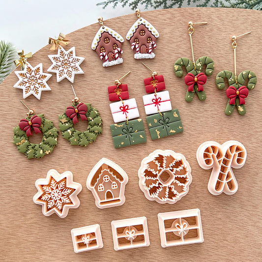 Winter Christmas Polymer Clay Cutters | Wreath Candy Cane & Snowflake Clay Earring Cutters Set for Jewelry Making