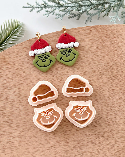 Winter Christmas Polymer Clay Cutters | Grinch with Hat Clay Earring Cutters Set for Jewelry Making